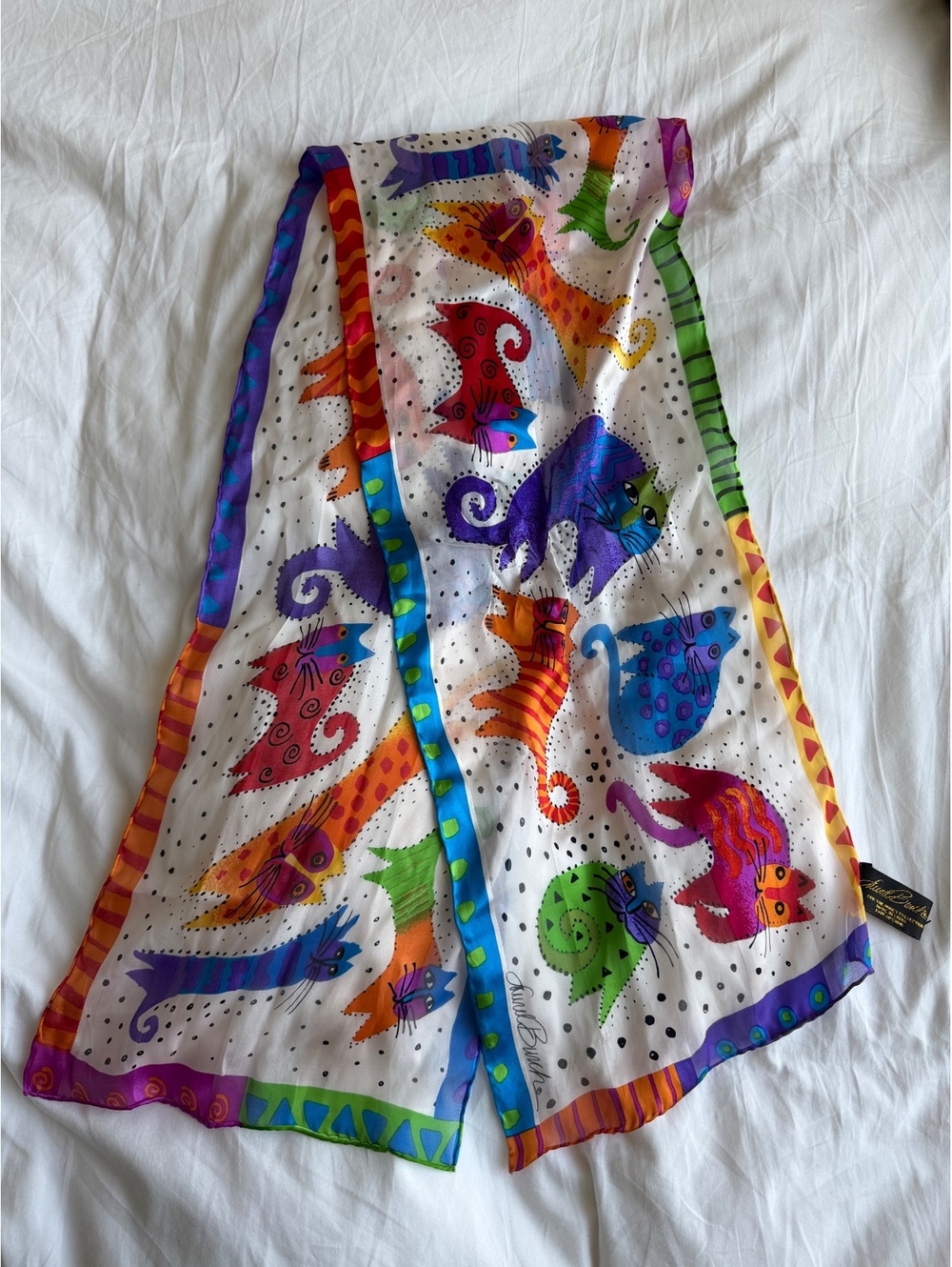 Vintage Laurel Burch Silk Scarf Whimsical Cat Polka Dot Honey Collection Oblong